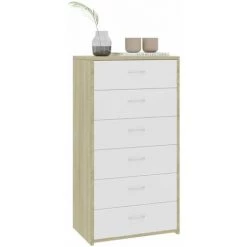 HAPPYSHOPPING Buffet A 6 Tiroirs Blanc Et Chene Sonoma 50x34x96 Cm Agglomere -Buffet et enfilade Soldes 40757143 3