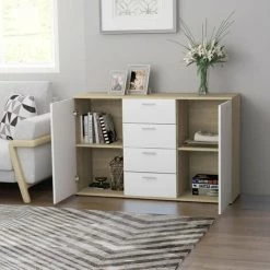 HAPPYSHOPPING Buffet Blanc Et Chene Sonoma 120x35,5x75 Cm Agglomere -Buffet et enfilade Soldes 40758500 3