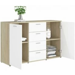 HAPPYSHOPPING Buffet Blanc Et Chene Sonoma 120x35,5x75 Cm Agglomere -Buffet et enfilade Soldes 40758500 5