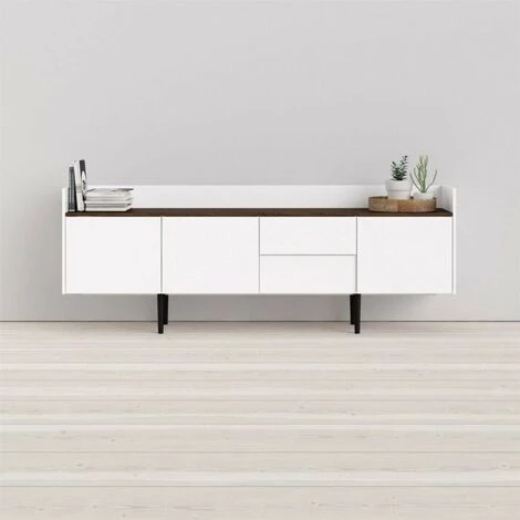 CAESAROO Buffet Salon 195x40 Cm Blanc Mat Et Noyer Avec Trois Portes Et Deux Tiroirs | Blanc Et Noyer 2 CAESAROO Buffet Salon 195x40 Cm Blanc Mat Et Noyer Avec Trois Portes Et Deux Tiroirs | Blanc Et Noyer – Image 2