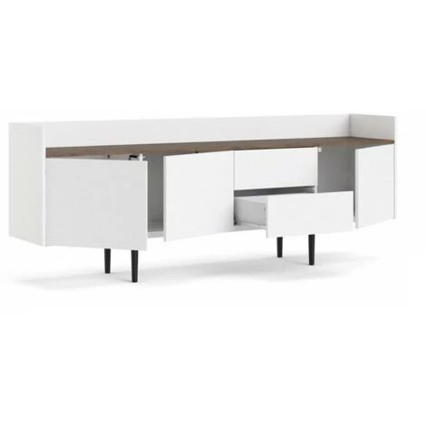 CAESAROO Buffet Salon 195x40 Cm Blanc Mat Et Noyer Avec Trois Portes Et Deux Tiroirs | Blanc Et Noyer 3 CAESAROO Buffet Salon 195x40 Cm Blanc Mat Et Noyer Avec Trois Portes Et Deux Tiroirs | Blanc Et Noyer – Image 3