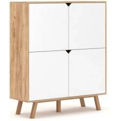 PRICE FACTORY Buffet Haut Design Type Scandinave Collection AOMORI 4 Portes, Coloris Hêtre Et Blanc Mat - Blanc