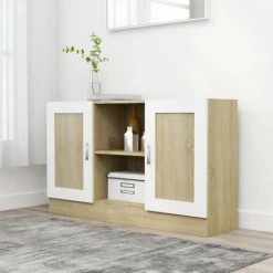 HAPPYSHOPPING Buffet Blanc Et Chene Sonoma 120x30,5x70 Cm Agglomere