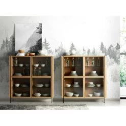 LES TENDANCES Bahut Haut 4 Portes Bois Plaqué Chêne Et Pieds Verre Trempé Zooka -Buffet et enfilade Soldes 41994122 4
