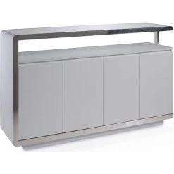 LES TENDANCES Buffet Design 4 Portes Bois Laqué Gris Et Acier Chromé Modena