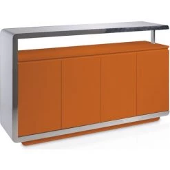 LES TENDANCES Buffet Design 4 Portes Bois Laqué Orange Et Acier Chromé Modena