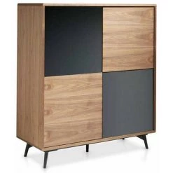 LES TENDANCES Bahut 4 Portes Bois Noyer Et Verre Miroir Anthracite Kazy