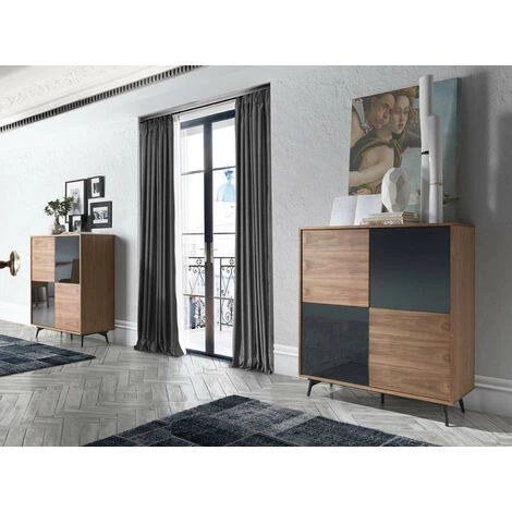 LES TENDANCES Bahut 4 Portes Bois Noyer Et Verre Miroir Anthracite Kazy 2 LES TENDANCES Bahut 4 Portes Bois Noyer Et Verre Miroir Anthracite Kazy – Image 2