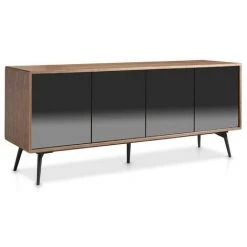 LES TENDANCES Buffet 4 Portes Bois Noyer Et Verre Miroir Anthracite Kazy 180 Cm