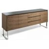 LES TENDANCES Buffet 3 Tiroirs 3 Portes Bois Noyer Et Verre Teinté Noir Lizay 200 Cm
