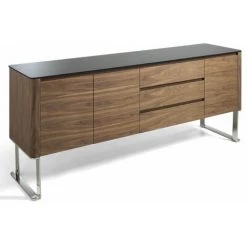 LES TENDANCES Buffet 3 Tiroirs 3 Portes Bois Noyer Et Verre Teinté Noir Lizay 200 Cm