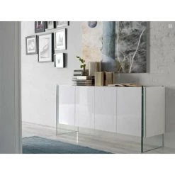 LES TENDANCES Buffet 4 Portes Bois Laqué Et Pieds Verre Trempé Lina - Couleur Blanc -Buffet et enfilade Soldes 41995467 3
