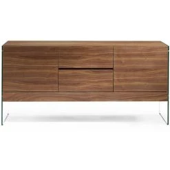 LES TENDANCES Buffet 2 Portes 2 Tiroirs Bois Noyer Et Pieds Verre Trempé Roka 180 Cm