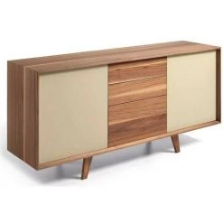 LES TENDANCES Buffet 2 Portes 3 Tiroirs Bois Noyer Et Bois Laqué Muza - Couleur Turquoise