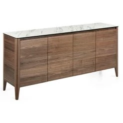 LES TENDANCES Buffet 4 Portes Bois Noyer Et Plateau En Marbre Céramique Blanc Mykal