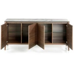 LES TENDANCES Buffet 4 Portes Bois Noyer Et Plateau En Marbre Céramique Blanc Mykal -Buffet et enfilade Soldes 41998013 3