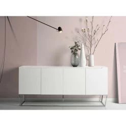 LES TENDANCES Buffet Design 4 Portes Laqué Et Pieds Acier Chromé Romus - Couleur Céleste -Buffet et enfilade Soldes 41998422 5