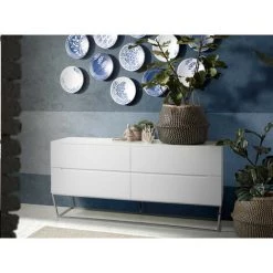LES TENDANCES Buffet Design 4 Tiroirs Laqué Et Pieds Acier Chromé Romus - Couleur Brouillard -Buffet et enfilade Soldes 41998434 5