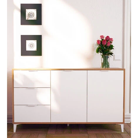 Buffet / Meuble De Rangement Coloris Chêne/blanc - Hauteur 80 X Longueur 140 X Profondeur 40 Cm -PEGANE- 3 Buffet / Meuble De Rangement Coloris Chêne/blanc - Hauteur 80 X Longueur 140 X Profondeur 40 Cm -PEGANE- – Image 3