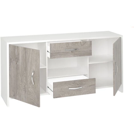 Buffet / Meuble De Rangement Coloris Blanc/chêne Clair - Hauteur 87 X Longueur 160 X Profondeur 40 Cm -PEGANE- 2 Buffet / Meuble De Rangement Coloris Blanc/chêne Clair - Hauteur 87 X Longueur 160 X Profondeur 40 Cm -PEGANE- – Image 2