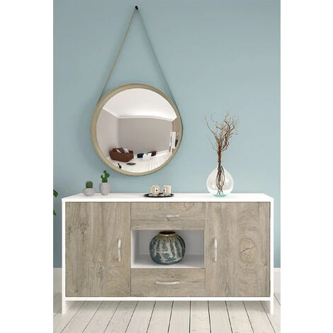 Buffet / Meuble De Rangement Coloris Blanc/chêne Clair - Hauteur 87 X Longueur 160 X Profondeur 40 Cm -PEGANE- 3 Buffet / Meuble De Rangement Coloris Blanc/chêne Clair - Hauteur 87 X Longueur 160 X Profondeur 40 Cm -PEGANE- – Image 3