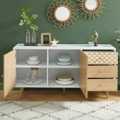 BAïTA Buffet UTAH Blanc Et Effet Chêne 150cm - Bois -Buffet et enfilade Soldes 42332840 4