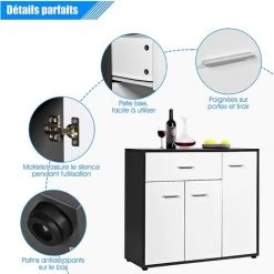 GOPLUS Buffet De Cuisine, Meuble De Rangement Avec 3 Portes Et Tiroir Pour Salon Bureau Chambre Entrée Cuisine En Bois, Blanc, 88 X 30 X 70CM -Buffet et enfilade Soldes 42541877 2