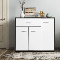 GOPLUS Buffet De Cuisine, Meuble De Rangement Avec 3 Portes Et Tiroir Pour Salon Bureau Chambre Entrée Cuisine En Bois, Blanc, 88 X 30 X 70CM -Buffet et enfilade Soldes 42541877 4