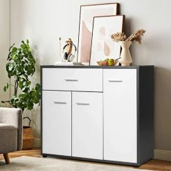 GOPLUS Buffet De Cuisine, Meuble De Rangement Avec 3 Portes Et Tiroir Pour Salon Bureau Chambre Entrée Cuisine En Bois, Blanc, 88 X 30 X 70CM -Buffet et enfilade Soldes 42541877 5
