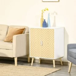 HOMCOM Buffet Meuble De Rangement Design Scandinave 2 Portes Avec étagère Dim. 60L X 40l X 80H Cm MDF Panneaux Particules Blanc Portes Motif Graphique Aspect Bois Clair - Blanc -Buffet et enfilade Soldes 42717426 2