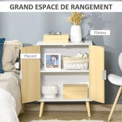 HOMCOM Buffet Meuble De Rangement Design Scandinave 2 Portes Avec étagère Dim. 60L X 40l X 80H Cm MDF Panneaux Particules Blanc Portes Motif Graphique Aspect Bois Clair - Blanc -Buffet et enfilade Soldes 42717426 4