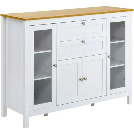 HOMCOM Buffet Style Classique Chic Multi-rangement 2 Portes 2 étagères Réglables 2 Tiroirs Coulissants Placard 2 Portes MDF Blanc Plateau Aspect Bois Clair - Blanc 1 HOMCOM Buffet Style Classique Chic Multi-rangement 2 Portes 2 étagères Réglables 2 Tiroirs Coulissants Placard 2 Portes MDF Blanc Plateau Aspect Bois Clair - Blanc