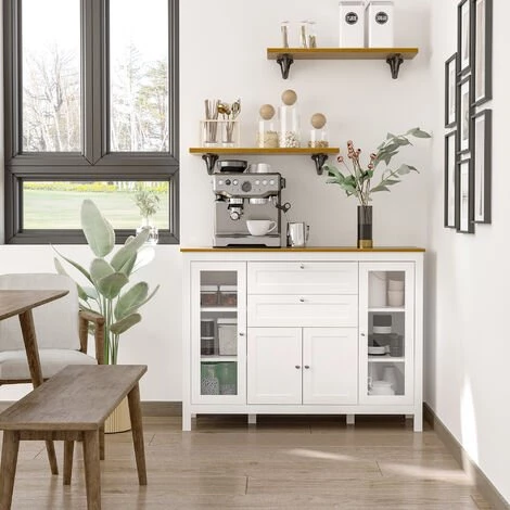 HOMCOM Buffet Style Classique Chic Multi-rangement 2 Portes 2 étagères Réglables 2 Tiroirs Coulissants Placard 2 Portes MDF Blanc Plateau Aspect Bois Clair - Blanc 2 HOMCOM Buffet Style Classique Chic Multi-rangement 2 Portes 2 étagères Réglables 2 Tiroirs Coulissants Placard 2 Portes MDF Blanc Plateau Aspect Bois Clair - Blanc – Image 2