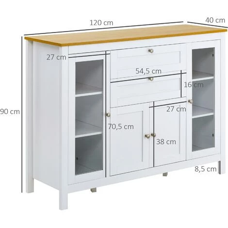 HOMCOM Buffet Style Classique Chic Multi-rangement 2 Portes 2 étagères Réglables 2 Tiroirs Coulissants Placard 2 Portes MDF Blanc Plateau Aspect Bois Clair - Blanc 3 HOMCOM Buffet Style Classique Chic Multi-rangement 2 Portes 2 étagères Réglables 2 Tiroirs Coulissants Placard 2 Portes MDF Blanc Plateau Aspect Bois Clair - Blanc – Image 3