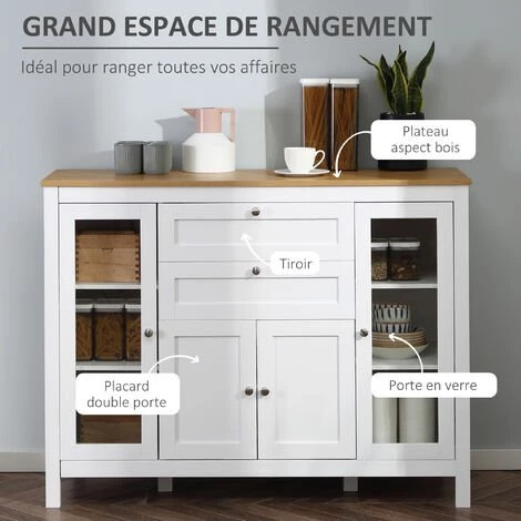 HOMCOM Buffet Style Classique Chic Multi-rangement 2 Portes 2 étagères Réglables 2 Tiroirs Coulissants Placard 2 Portes MDF Blanc Plateau Aspect Bois Clair - Blanc 4 HOMCOM Buffet Style Classique Chic Multi-rangement 2 Portes 2 étagères Réglables 2 Tiroirs Coulissants Placard 2 Portes MDF Blanc Plateau Aspect Bois Clair - Blanc – Image 4