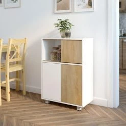 Meuble De Rangement , Armoire Latérale, Combinaison De Couleur Blanc Et Bois Naturel, Armoire De Rangement ,Meerveil