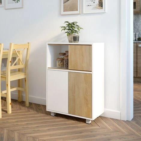 Meuble De Rangement , Armoire Latérale, Combinaison De Couleur Blanc Et Bois Naturel, Armoire De Rangement ,Meerveil 1 Meuble De Rangement , Armoire Latérale, Combinaison De Couleur Blanc Et Bois Naturel, Armoire De Rangement ,Meerveil