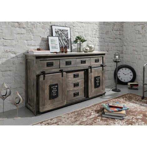 MASSIVMOEBEL24.DE Buffet 150x45 Manguier Laqué Gris RAILWAY #219 - Gris 1 MASSIVMOEBEL24.DE Buffet 150x45 Manguier Laqué Gris RAILWAY #219 - Gris