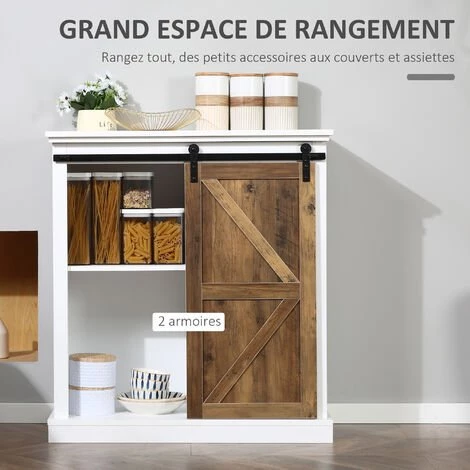 HOMCOM Buffet Bahut Vaisselier étagère Porte à Galandage Métal Noir MDF Aspect Bois Veinage Et Blanc - Blanc 4 HOMCOM Buffet Bahut Vaisselier étagère Porte à Galandage Métal Noir MDF Aspect Bois Veinage Et Blanc - Blanc – Image 4