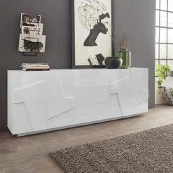 AHD AMAZING HOME DESIGN Meuble Buffet Design Salon 4 Portes 3 Tiroirs 220cm Blanc Brillant Ping Wide
