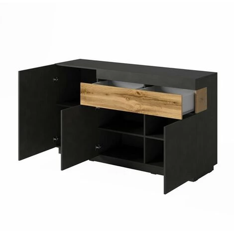 PRICE FACTORY Buffet, Bahut, Enfilade KILES Trois Portes Et Un Tiroir. Coloris Gris Anthracite Et Chêne. Style Design - Gris 2 PRICE FACTORY Buffet, Bahut, Enfilade KILES Trois Portes Et Un Tiroir. Coloris Gris Anthracite Et Chêne. Style Design - Gris – Image 2