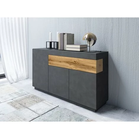PRICE FACTORY Buffet, Bahut, Enfilade KILES Trois Portes Et Un Tiroir. Coloris Gris Anthracite Et Chêne. Style Design - Gris 3 PRICE FACTORY Buffet, Bahut, Enfilade KILES Trois Portes Et Un Tiroir. Coloris Gris Anthracite Et Chêne. Style Design - Gris – Image 3