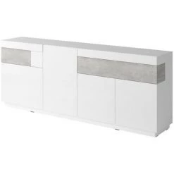 PRICE FACTORY Buffet, Bahut, Enfilade KILES Trois Portes, Deux Tiroirs. Coloris Blanc Et Gris. Style Design. - Blanc