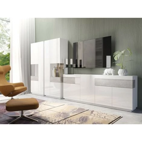 PRICE FACTORY Buffet, Bahut, Enfilade KILES Trois Portes, Deux Tiroirs. Coloris Blanc Et Gris. Style Design. - Blanc 2 PRICE FACTORY Buffet, Bahut, Enfilade KILES Trois Portes, Deux Tiroirs. Coloris Blanc Et Gris. Style Design. - Blanc – Image 2