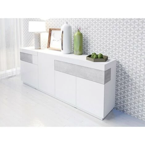 PRICE FACTORY Buffet, Bahut, Enfilade KILES Trois Portes, Deux Tiroirs. Coloris Blanc Et Gris. Style Design. - Blanc 3 PRICE FACTORY Buffet, Bahut, Enfilade KILES Trois Portes, Deux Tiroirs. Coloris Blanc Et Gris. Style Design. - Blanc – Image 3