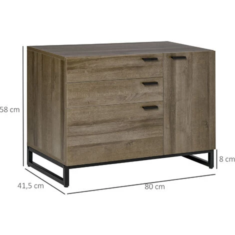 HOMCOM Buffet Design Industriel - Meuble De Rangement 3 Tiroirs, Placard - Piètement Acier Noir Panneaux Particules Aspect Bois Avec Veinage - Marron 3 HOMCOM Buffet Design Industriel - Meuble De Rangement 3 Tiroirs, Placard - Piètement Acier Noir Panneaux Particules Aspect Bois Avec Veinage - Marron – Image 3