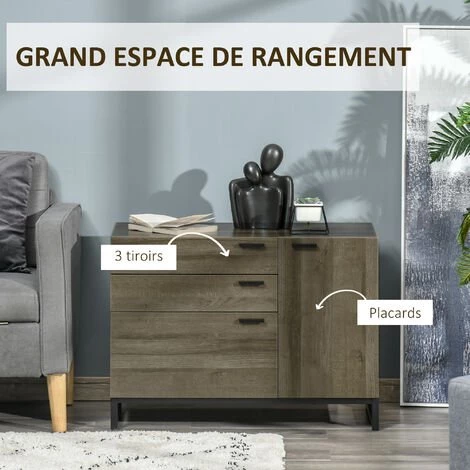 HOMCOM Buffet Design Industriel - Meuble De Rangement 3 Tiroirs, Placard - Piètement Acier Noir Panneaux Particules Aspect Bois Avec Veinage - Marron 4 HOMCOM Buffet Design Industriel - Meuble De Rangement 3 Tiroirs, Placard - Piètement Acier Noir Panneaux Particules Aspect Bois Avec Veinage - Marron – Image 4