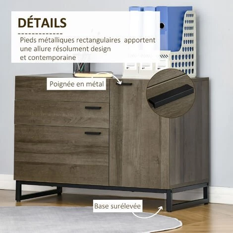 HOMCOM Buffet Design Industriel - Meuble De Rangement 3 Tiroirs, Placard - Piètement Acier Noir Panneaux Particules Aspect Bois Avec Veinage - Marron 5 HOMCOM Buffet Design Industriel - Meuble De Rangement 3 Tiroirs, Placard - Piètement Acier Noir Panneaux Particules Aspect Bois Avec Veinage - Marron – Image 5