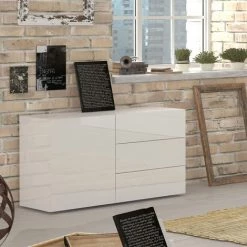 AHD AMAZING HOME DESIGN Buffet Salon Porte 3 Tiroirs Blanc Brillant Metis Three