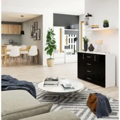 HUCOCO KIOTOS - Buffet Style Moderne Salon/salle à Manger - 110x80x35 - 2 Portes+4 Tiroirs - Noir -Buffet et enfilade Soldes 45739739 3